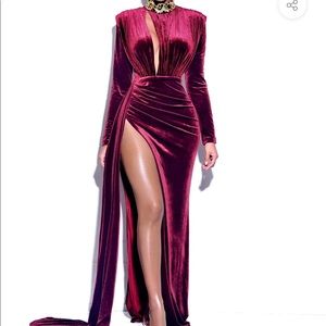 Miss circle Zenaida Burgundy Cutout High Slit Velvet Gown